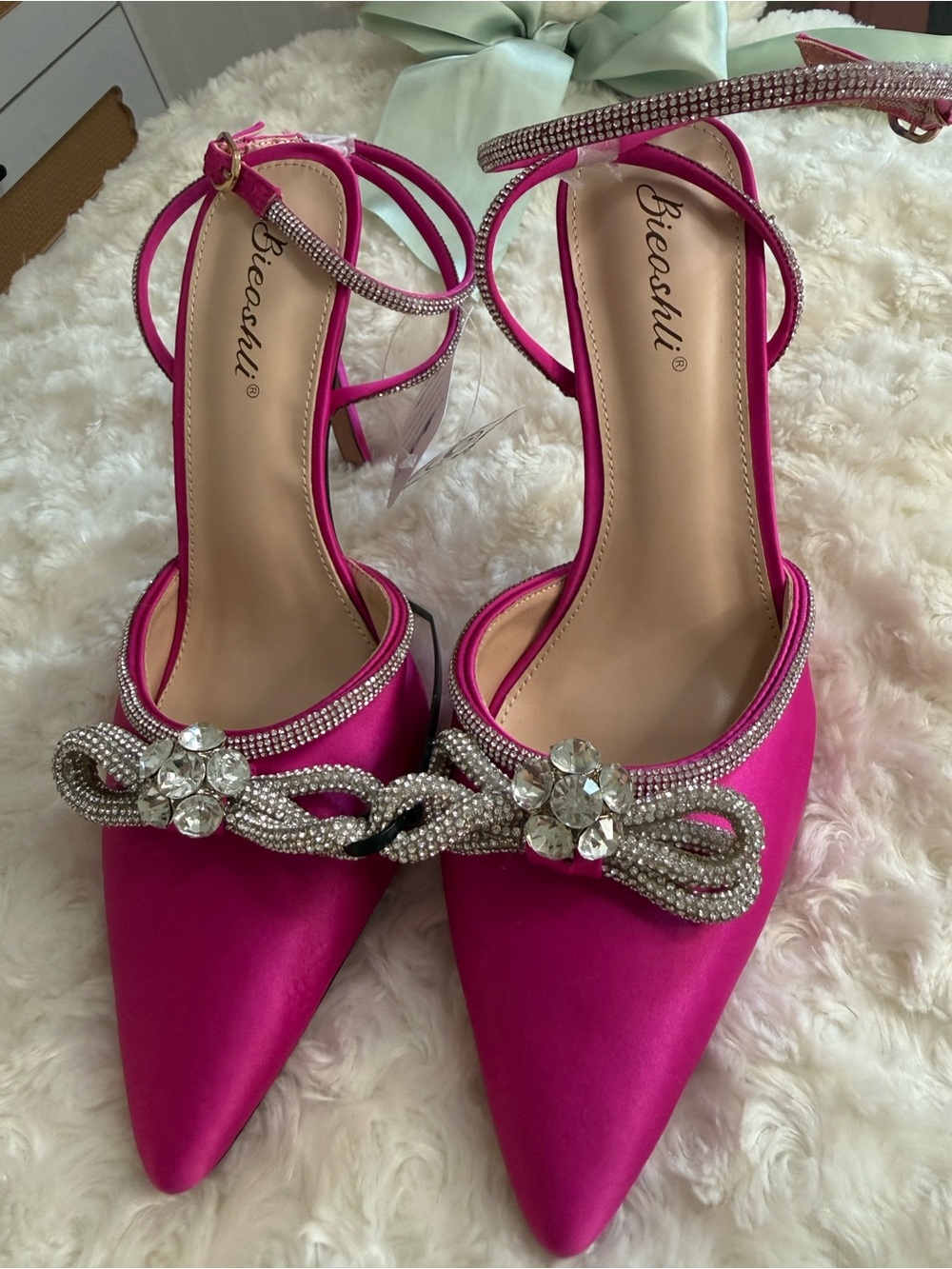 Hot Pink Satin Pointed Toe Ankle-Strap Heels with Crystal Bow